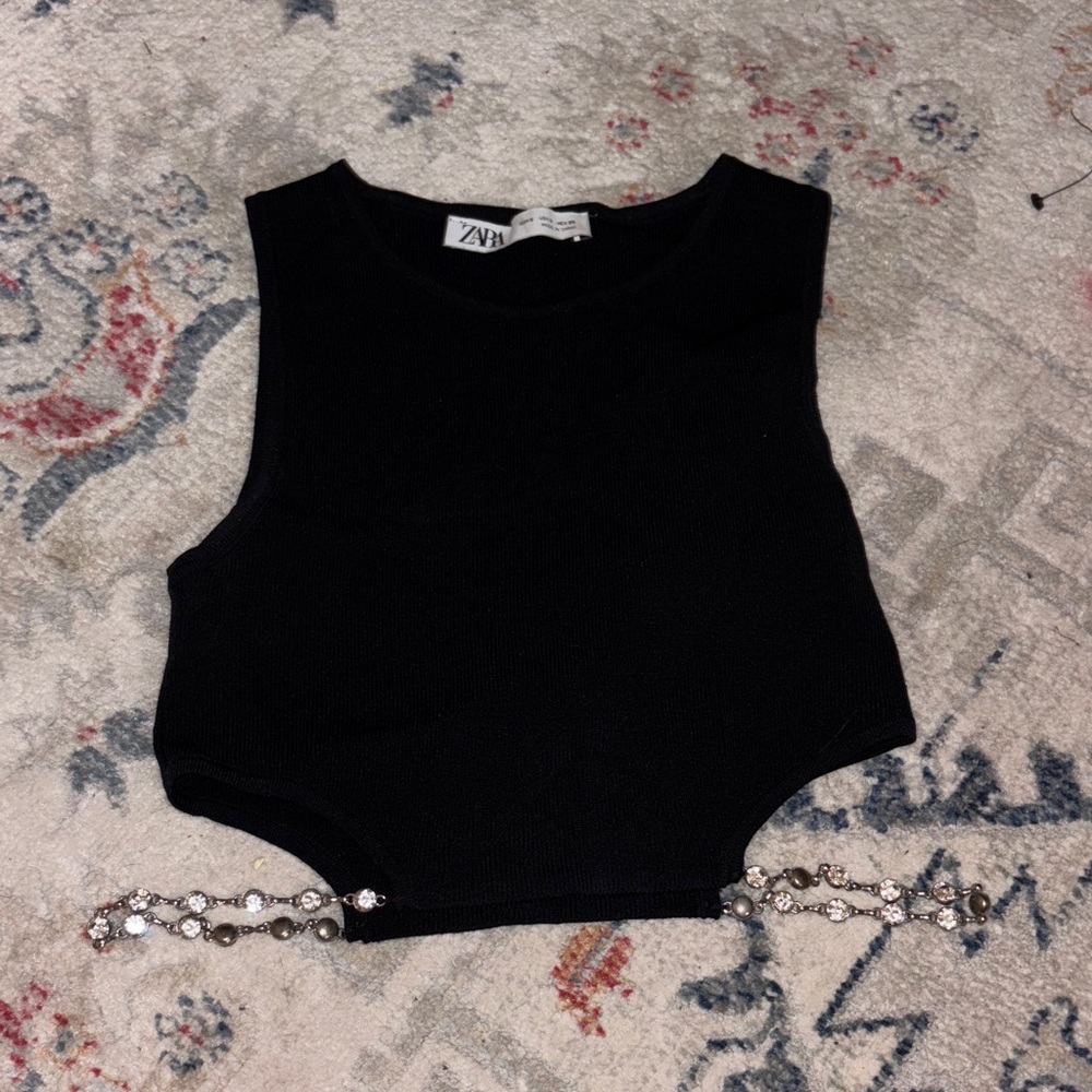 Zara Black Crop Top with Rhinestone Detail